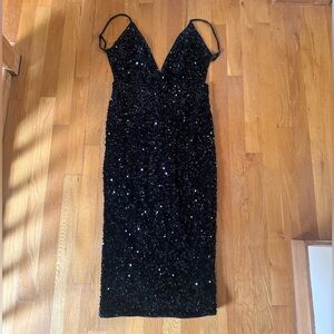 Black Sequin V-Neck Midi Dress